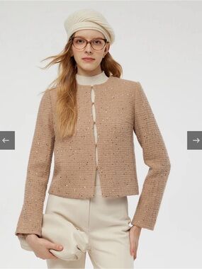 Goelia Alpaca and Wool Tweed Crop Jacket in Beige & Gold Sequin